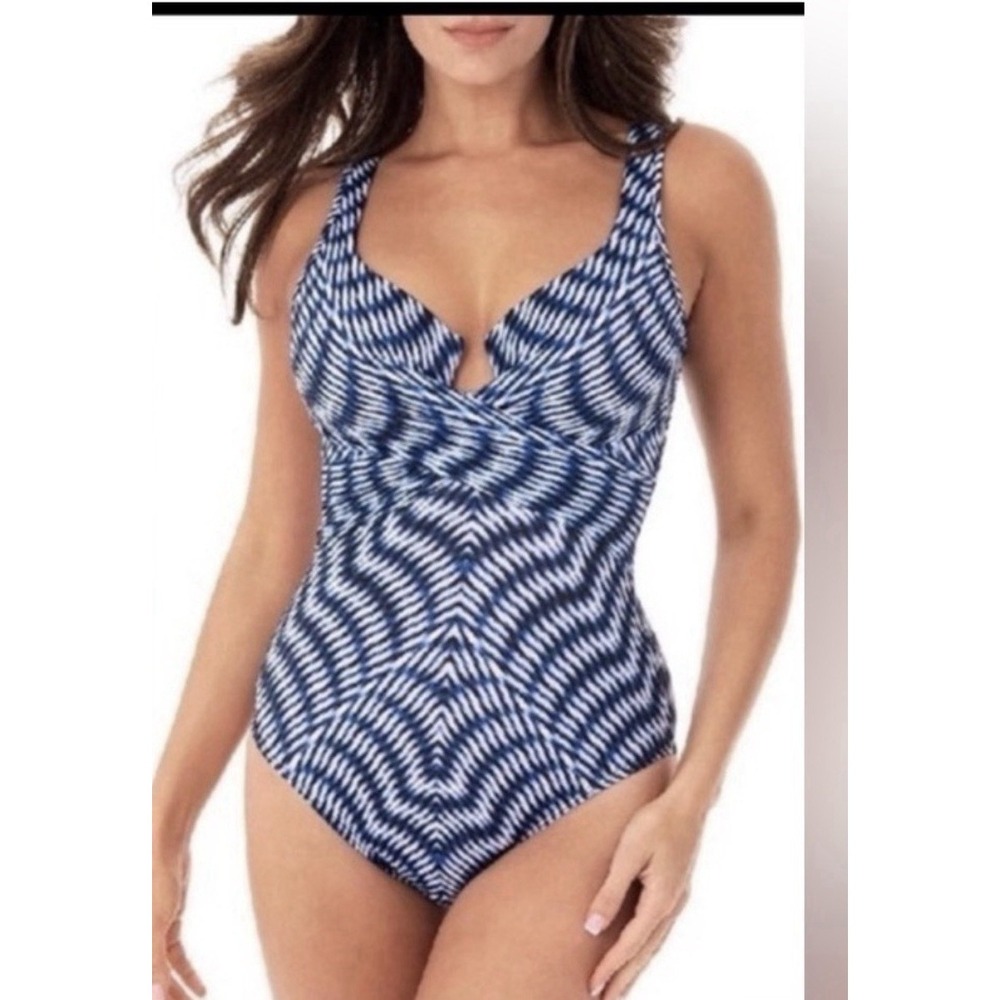 Miraclesuit One Piece Swimsuit 10 Blue Geometric Print Underwire 1pc Swim